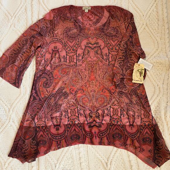 NWT One World Women's Sharkbite Hem Paisley Boho Hippie Tunic Top Sz 3X Pink Red - Picture 1 of 2